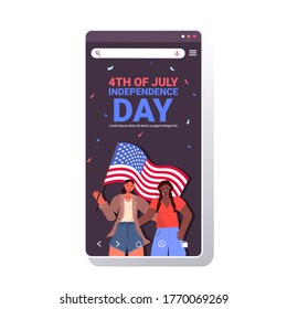 mix race women holding usa flags girls couple celebrating 4th of july independence day concept smartphone screen mobile app portrait copy space vector illustration