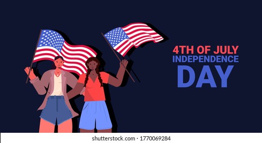 mix race women holding usa flags girls couple celebrating 4th of july independence day concept portrait vector illustration