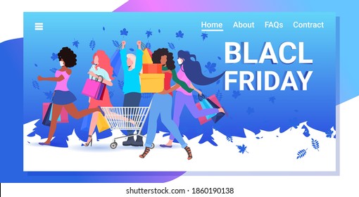 mix race women in mask running with shopping bags black friday big sale coronavirus quarantine concept full length horizontal vector illustration
