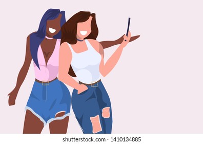 mix race women taking selfie photo on smartphone camera young girls standing together female cartoon characters posing flat portrait horizontal vector illustration