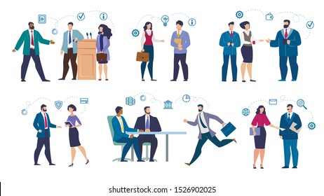 Mix Raced Businesspeople Flat Set in Various Business Situation. Multiracial Men and Women Meeting, Negotiating, Brainstorming, Rushing to Work. Office, Conference Hall Location. Vector Illustration