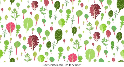 Mix of salad leaves. Cartoon set of green red raw leaves seamless pattern. Arugula, spinach, lettuce leaf, watercress. Organic vitamin ingredients for cooking healthy food. Vector illustration