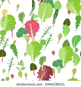 Mix of salad leaves. Cartoon set of green red raw leaves seamless pattern. Arugula, spinach, lettuce leaf, watercress. Organic vitamin ingredients for cooking healthy food. Vector illustration