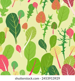 Mix of salad leaves. Cartoon set of green red raw leaves seamless pattern. Arugula, spinach, lettuce leaf, watercress. Organic vitamin ingredients for cooking healthy food. Vector illustration