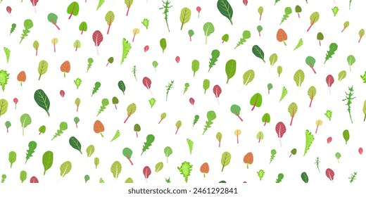 Mix of salad leaves. Cartoon set of green red raw leaves seamless pattern. Arugula, spinach, lettuce leaf, watercress. Organic vitamin ingredients for cooking healthy food. Vector illustration