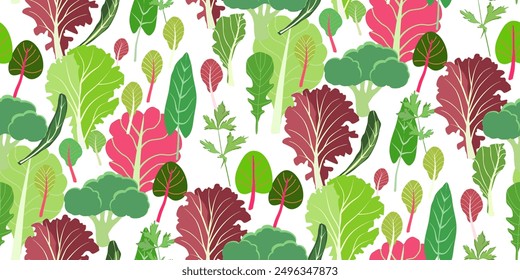 Mix of salad leaves. Cartoon set of green red raw leaves seamless pattern. Arugula, spinach, lettuce leaf, watercress. Organic vitamin ingredients for cooking healthy food. Vector illustration