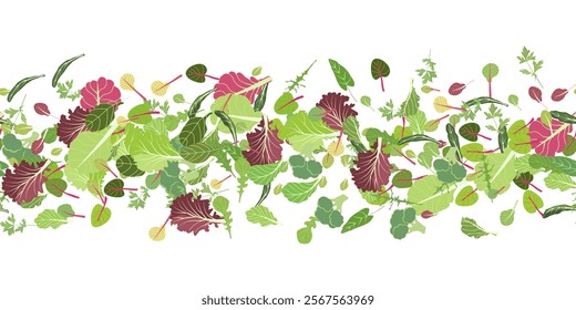 Mix of salad leaves. Cartoon set of green red raw leaves seamless pattern. Arugula, spinach, lettuce leaf, watercress. Organic vitamin ingredients for cooking healthy food. Vector illustration