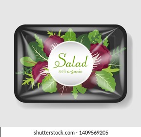 Mix of salad leaves in plastic tray container with cellophane cover. Mockup template for your design. Plastic food container. Vector illustration.
