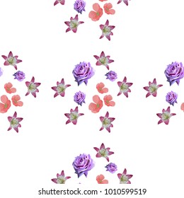 Mix seamless pattern with pink and purple flowers lilies, sakura, roses. Perfect background for textile, cover, interior design. Low poly style. Vector illustration eps 10.