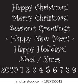 Mix of seasonal Christmas messages in decorative curly writing for dropping into Xmas projects, vector illustration
