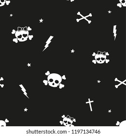 Mix of Skulls and other elements like crossed bones, crosses and flashes. Seamless vector pattern, white elements on black background. Perfect for Halloween.