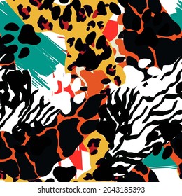 Mix Snake Fur Vector Seamless Pattern. Graphic Panther Wallpaper. Tribal Jungle Animal Skin Zebra Illustration. Fabric Leopard Trendy Background.