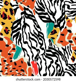 Mix Snake Spot Vector Seamless Pattern. Camouflage Zebra Texture. Colorful Art Hair Tiger Design. Abstract Leopard Ethnic Print.