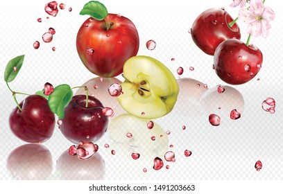 Mix splashes of juices Apple, Cherry, Plum. Vector mesh illustration