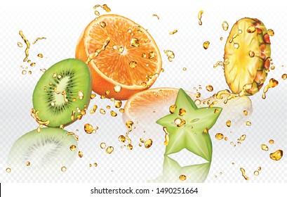 Mix splashes of juices Carambola, Orange, Pineapple, Kiwi. Vector mesh illustration