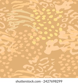 Mix spot animal skin prints, leopard, jaguar seamless pattern vector design. Predators skin merges. Dotted texture. Spots. Earth tones. Ocher, brown, beige. Warm, muted shades.