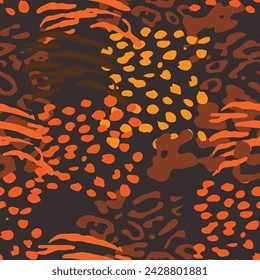 Mix spot animal skin prints, leopard, jaguar seamless pattern vector design. Predators skin merges. Dotted texture. Spots. Abstract spotted background. Shades of earth. Brown tones.