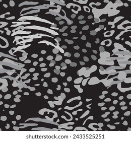 Mix spot animal skin prints, leopard, jaguar seamless pattern vector design. Predators skin merges. Dotted texture. Spots. Black, grey. Monochrome