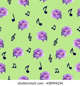 Mix style with polygonal roses and notes, perfect romantic picture for wall paper, cover, card, interior design and wrapping paper, flower seamless pattern, vector illustration