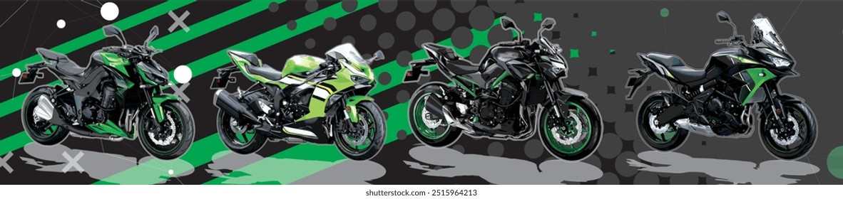 Mezcla de super big bike con Vector de fondo verde, negro, blanco y gris Esta Imagen es adecuada para contenido de motocicleta, comunidad, automotriz, aventura, superbike, automovilismo y logotipo.