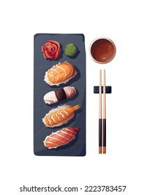 Mix of Sushi on the black stone. Japanese food, healthy eating, cooking, menu, nutrition concept. Vector illustration. 