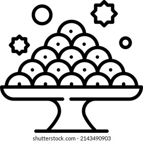 Mezcle dulces o postres en bandeja icono de línea vectorial Diseño, símbolo de Ramazan y Eid al-Fitr, signo islámico y musulmán de ayuno, celebración de feriados árabes ilustración de las existencias, Concepto de Knafeh o Logaimat,