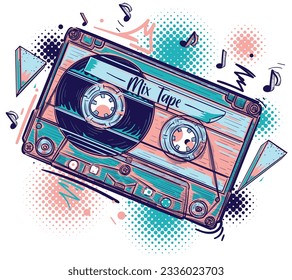 Mix tape - drawn musical audio cassette music design