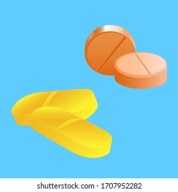 Mix of three different types of multicolored tablets, yellow, orange, round and oval on a blue background