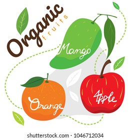 Mix of three organic fruits : fresh orange, raw green mango and cute red apple.