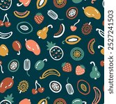 Mix of Tropical Fruits Seamless Colorful Pattern. Vector illustration.