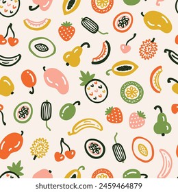 Mix of Tropical Fruits Seamless Colorful Pattern. Handmade. Hand drawing. Not AI. Vector illustration