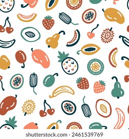 Mix of Tropical Fruits Seamless Colorful Pattern. Handmade. Hand drawing. Not AI. Vector illustration.