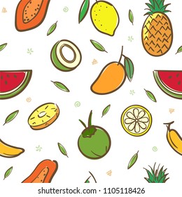 Mix tropical fruits seamless pattern background vector format in hand drawing cartoon style