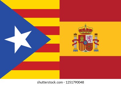 Mix of Two Realistic Waving Flags of The Catalonia And The Spain. The Catalan Independence Referendum