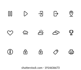 Mix User Interface UI Icon Set with Pause, Play Button, Sign In, Sign Out, Pin Marker Location, Heart, Weather, Cup, Lock, Printer Icon