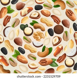 Mix of vector realistic nuts and seeds laid out in a circle. Pecans, pistachios, sunflower seeds, walnuts, almonds, macadamia nuts, cashews, peanuts, Brazil nuts, hazelnuts. Nuts with leaves