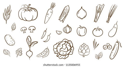 Coleção de legumes misturados, ilustração vetor de arte de linha bonito no estilo de desenho animado