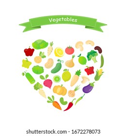 Mix vegetables icon collection set in heart shape isolated on white background. Healthy food cencept. Vector.Illustration.