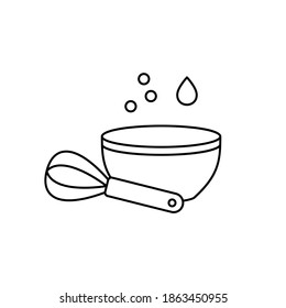 Mix or whip food ingredients. Linear icon of bowl and whisk. Black simple illustration of cooking of batter, dough. Contour isolated vector pictogram on white background