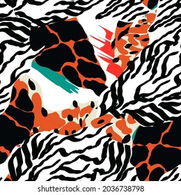 Mix Zebra Hair Vector Seamless Pattern. African Jaguar Background. Colorful Abstract Spot Cheetah Wallpaper. Savanna Tiger Ethnic Illustration.