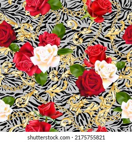 Nahtloses Mischmuster von Tieren Rote und weiße Rosen mit goldener Dekoration auf Zebrahintergrund für Stoff. Trendy Repetier Druck.