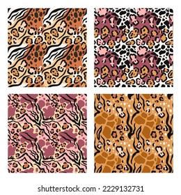 Mixed animal skin motifs pattern. Fusion fur print, safari mix texture and wild nature fashion seamless background set. Exotic african design for textile as zebra, giraffe, tiger and leopard