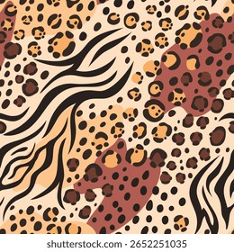 Padrão misto de pele animal. Textura de couro natural sem costura, combinando manchas de leopardo e listras de zebra. Mistura criativa de marcas de animais, impressão para têxteis de moda e ilustração vetorial de decoração.