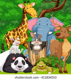 Mixed animals in a forest scene