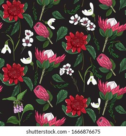 mixed australia native flowers seamless pattern on black background