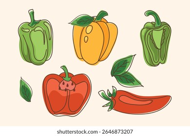 Pimenta misturada com pimentos doces vermelhos, amarelos e verdes em estilo de desenho animado plano com folhas e fatia, em fundo claro