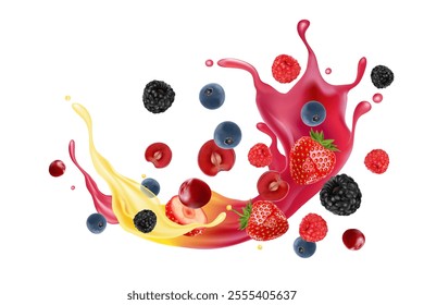 Mixed berries color splashing. Season sweet of tropical fruits. 3d realistic vector, Food concept design. of free space for your texts and branding. Food concepts.