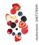 Mixed berries fruit with red raspberry, apple, strawberry, blackberry, blueberry, banana smoothies fruit splashing of Tropical fruits isolated on white background. Vector in 3D illustrations.