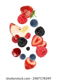 Gemischte Beeren Obst mit roten Himbeeren, Erdbeeren, Brombeeren und Heidelbeeren Smoothies Obst Spritzen von tropischen Früchten isoliert auf weißem Hintergrund. Vektorgrafik in 3D-Abbildungen.. Das Konzept des Essens.