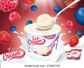 Anuncios para helados de bayas mezcladas, bayas flotantes con efectos de leche batida en 3d ilustración para verano